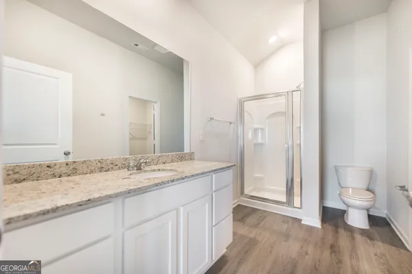 a bathroom with a granite countertop sink a toilet and a large mirror