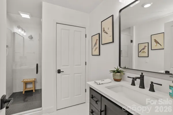 a bathroom with a granite countertop sink a mirror and a shower