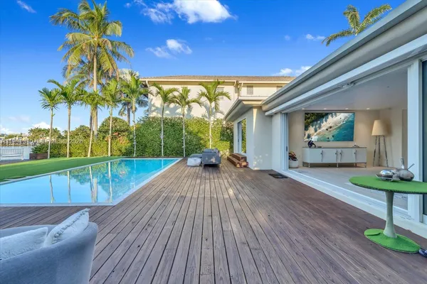 a view of swimming pool with a patio and a yard