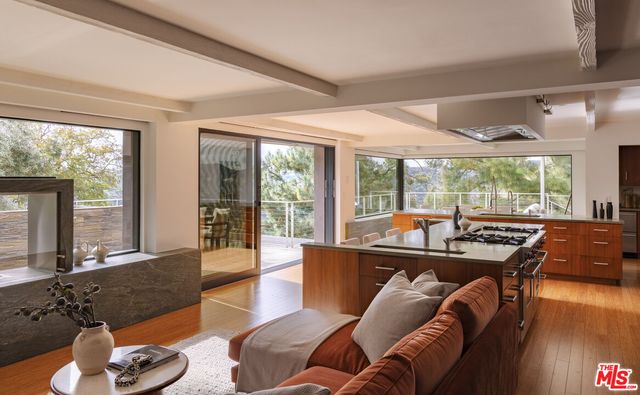 a living room with furniture stove and a large window