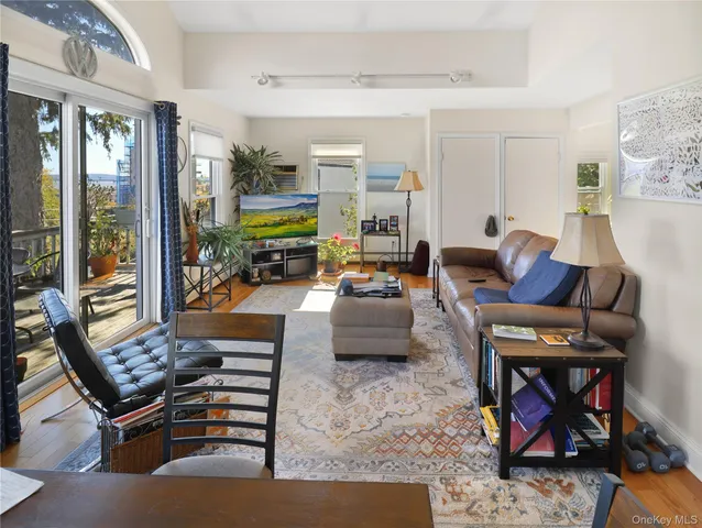 a living room with furniture a rug and a window