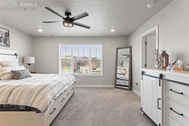 8258 Mount Ouray Road Littleton, CO 80125 - Photo 21 of 28 Carpeted bedroom featuring ceiling fan and a textured ceiling