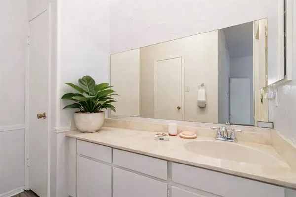 a bathroom with a sink a vanity and a mirror