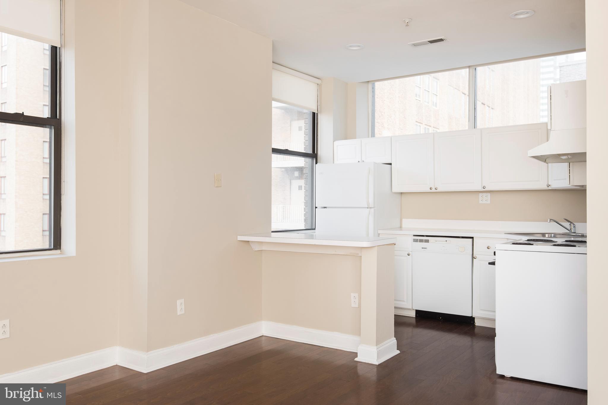 220 South 16th Street, Unit 1102 Philadelphia, PA 19102 - Photo 9 of 26 a kitchen with cabinets appliances a sink and a window
