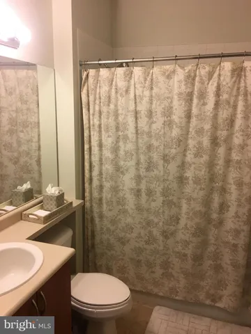 a bathroom with a sink a toilet and shower curtain
