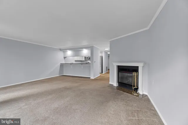a view of empty room with a fireplace