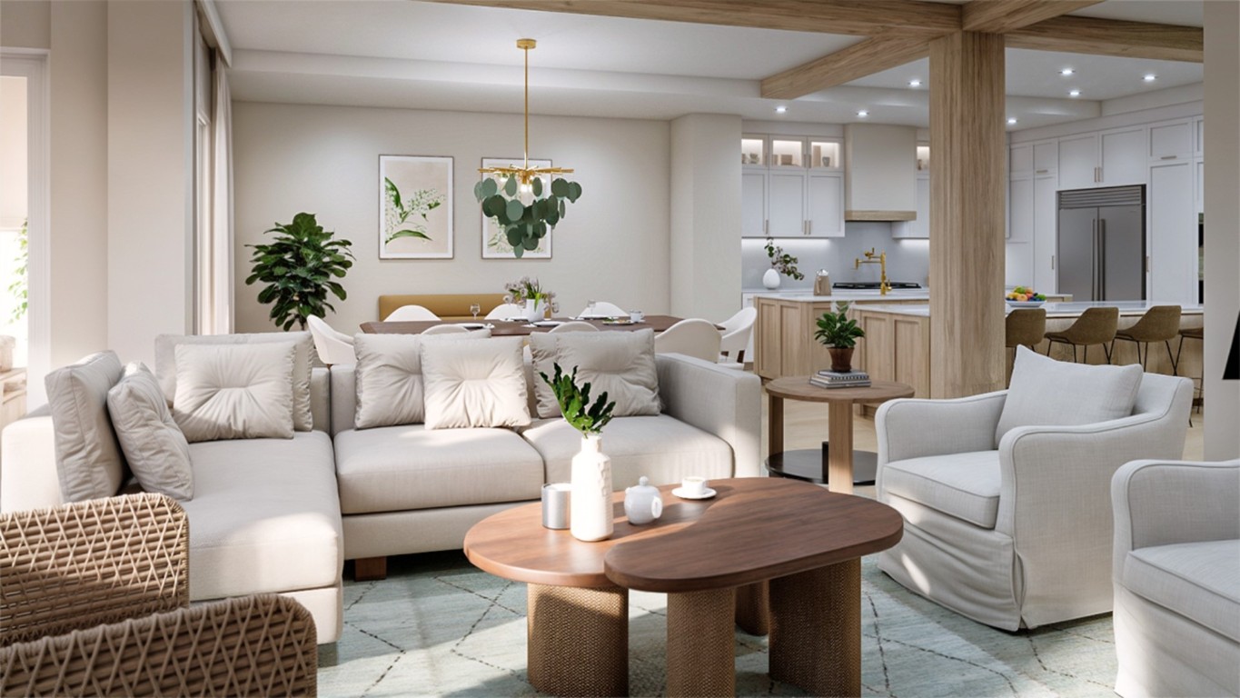 5063 1st Coast Highway, Unit 101D Fernandina Beach, FL 32034 - Photo 16 of 58 a living room with furniture a kitchen view and a chandelier