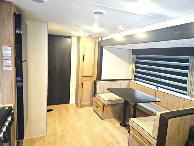 a room with table and window