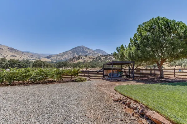 a view of a yard with wooden fence