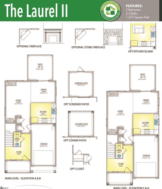 256 Brown Circle Easley, SC 29642 - Photo 2 of 3 This floor plan highlights various layout options, including fireplaces, kitchen islands, and patios, designed for versatile living.