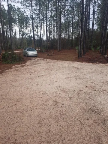 a backyard of a house with lots of green space and chair