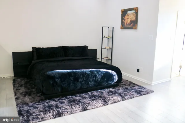 a living room with a couch and a rug