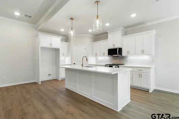 a kitchen with stove a sink and a refrigerator