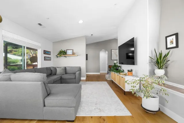 a living room with furniture a floor to ceiling window and potted plant