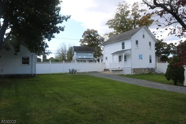 a view of a backyard with plants and a large tree
