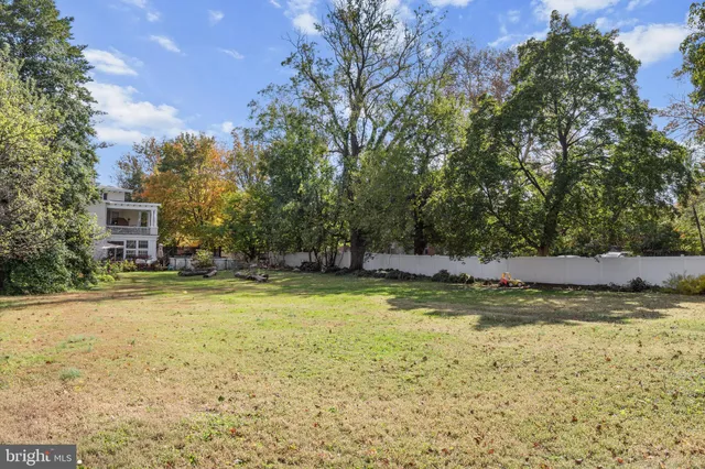a view of a backyard with large trees