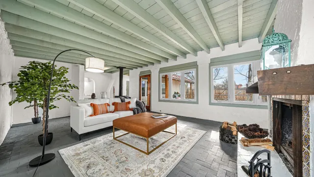 a living room with furniture a fireplace and a potted plant