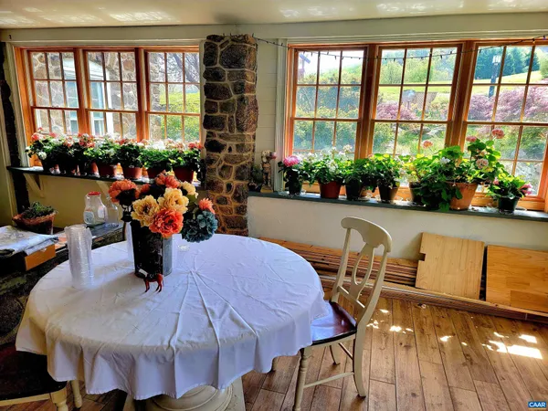 a view of a dining room with furniture window and garden view