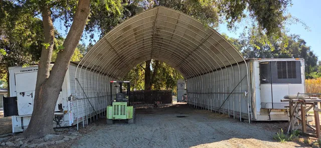 a view of a white house with a large tree