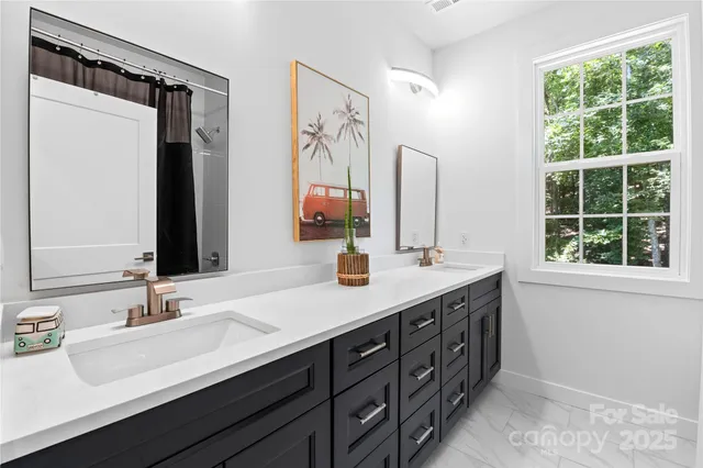 a bathroom with a double vanity sink and a large mirror