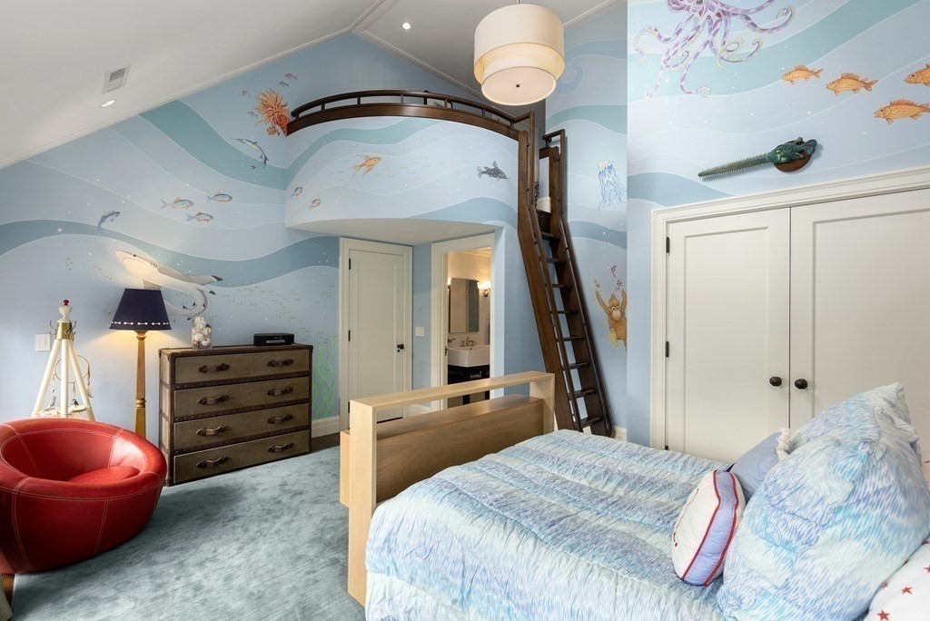 51 Scotch Pine Road Wellesley, MA 02481 - Photo 22 of 30 a bedroom with a bed and a chandelier