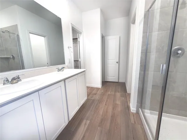 a bathroom with a sink a mirror and a shower