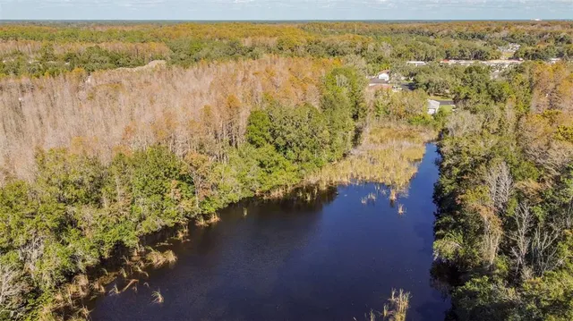 an aerial view of residential houses with outdoor space and lake view