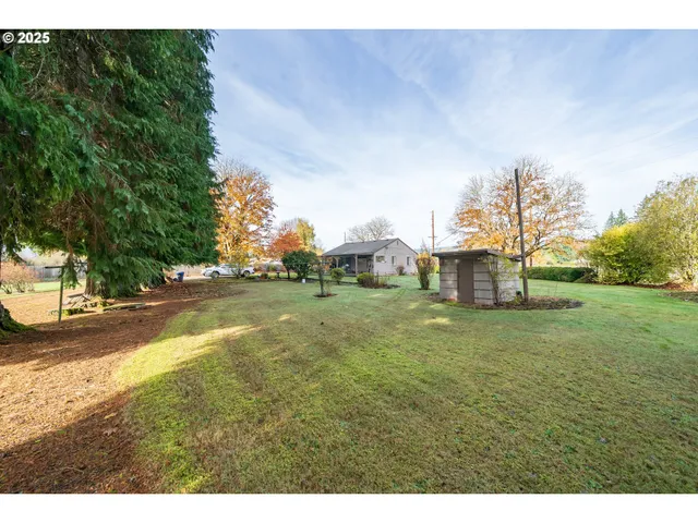 a view of a field of grass and trees
