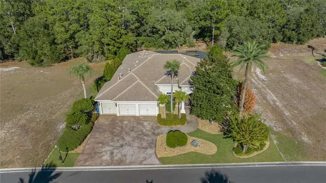 a view of a yard in front of a house with large tree