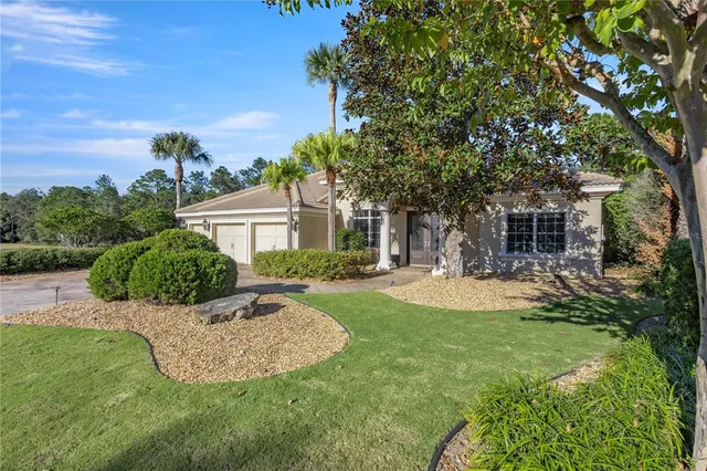 a view of a house with backyard and a tree