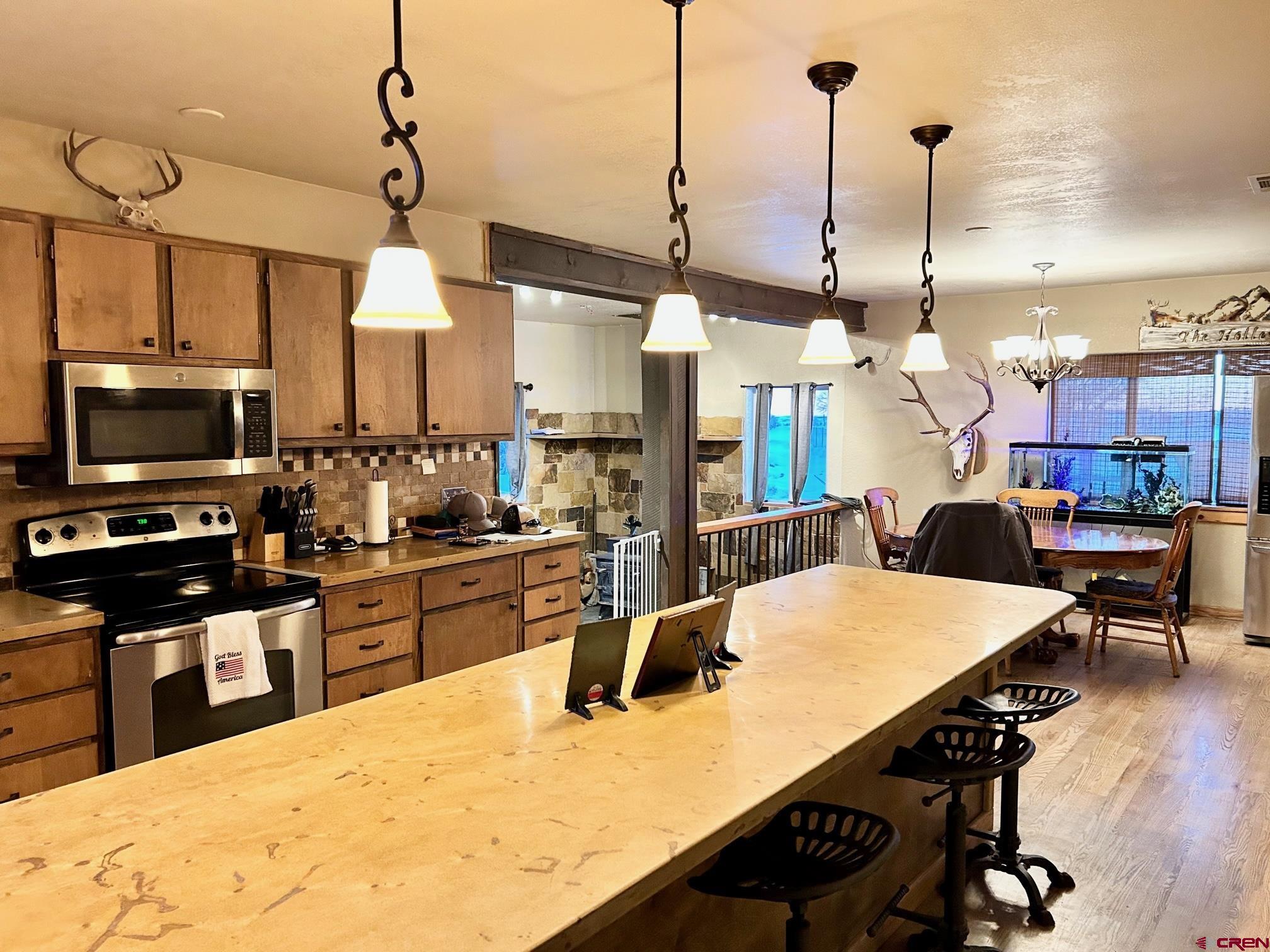 175 County Road Egnar, CO 81325 - Photo 12 of 35 a kitchen with stainless steel appliances kitchen island granite countertop a stove top oven a sink a dining table and chairs with wooden floor