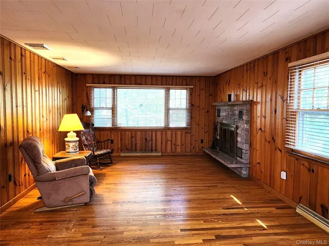 a living room with a fireplace