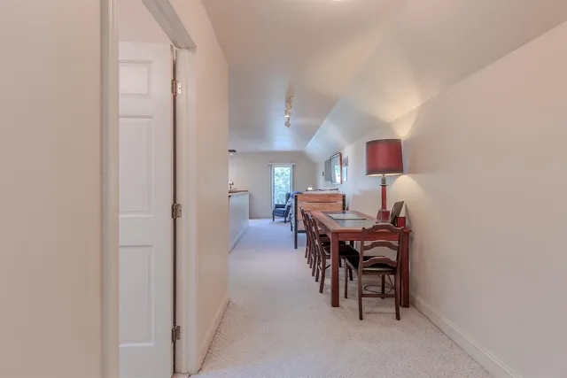 a view of a dining room with furniture