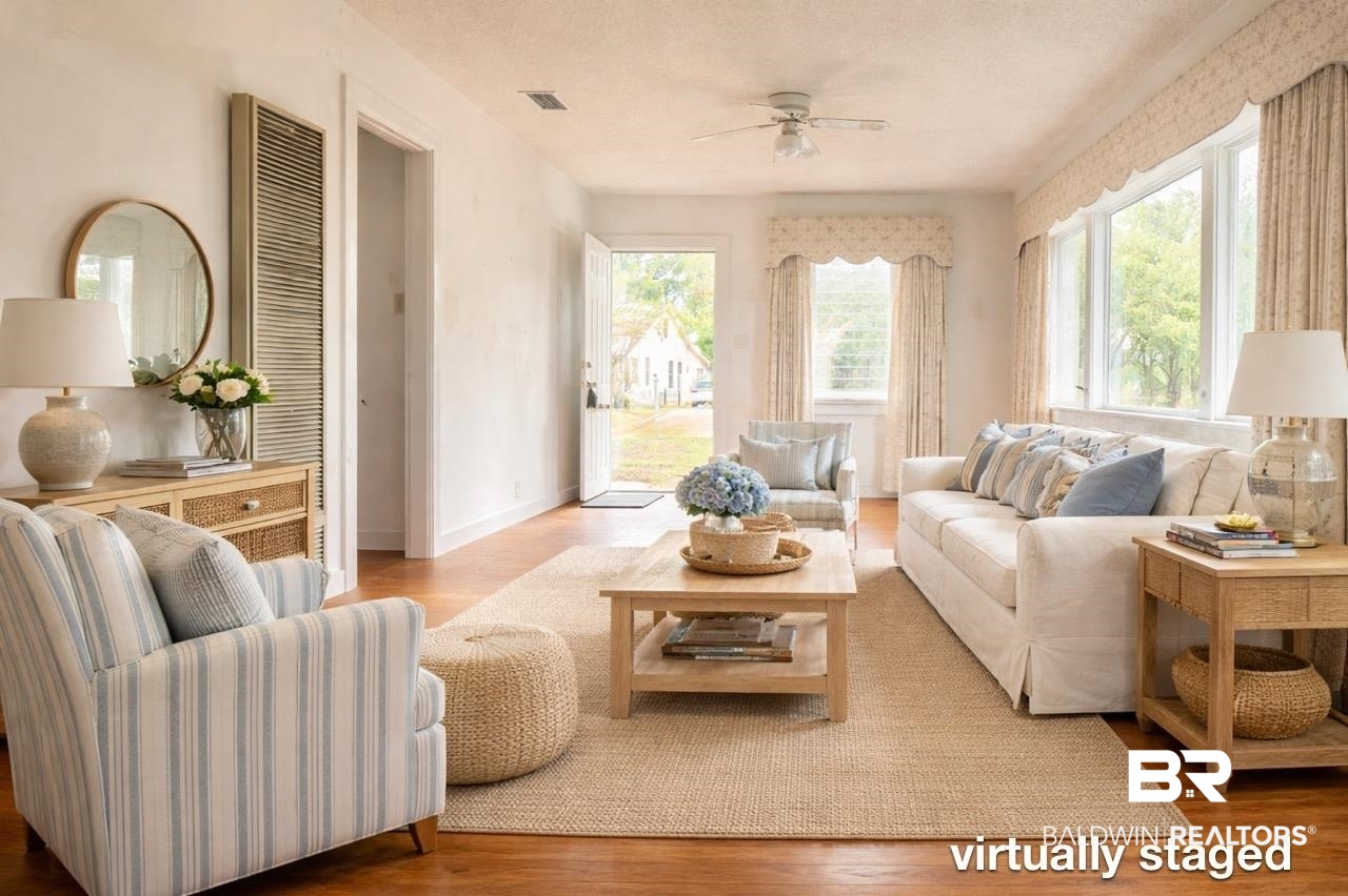 156 Pier Avenue Fairhope, AL 36532 - Photo 5 of 41 Living room featuring wood finished floors, ceiling fan, and a textured ceiling