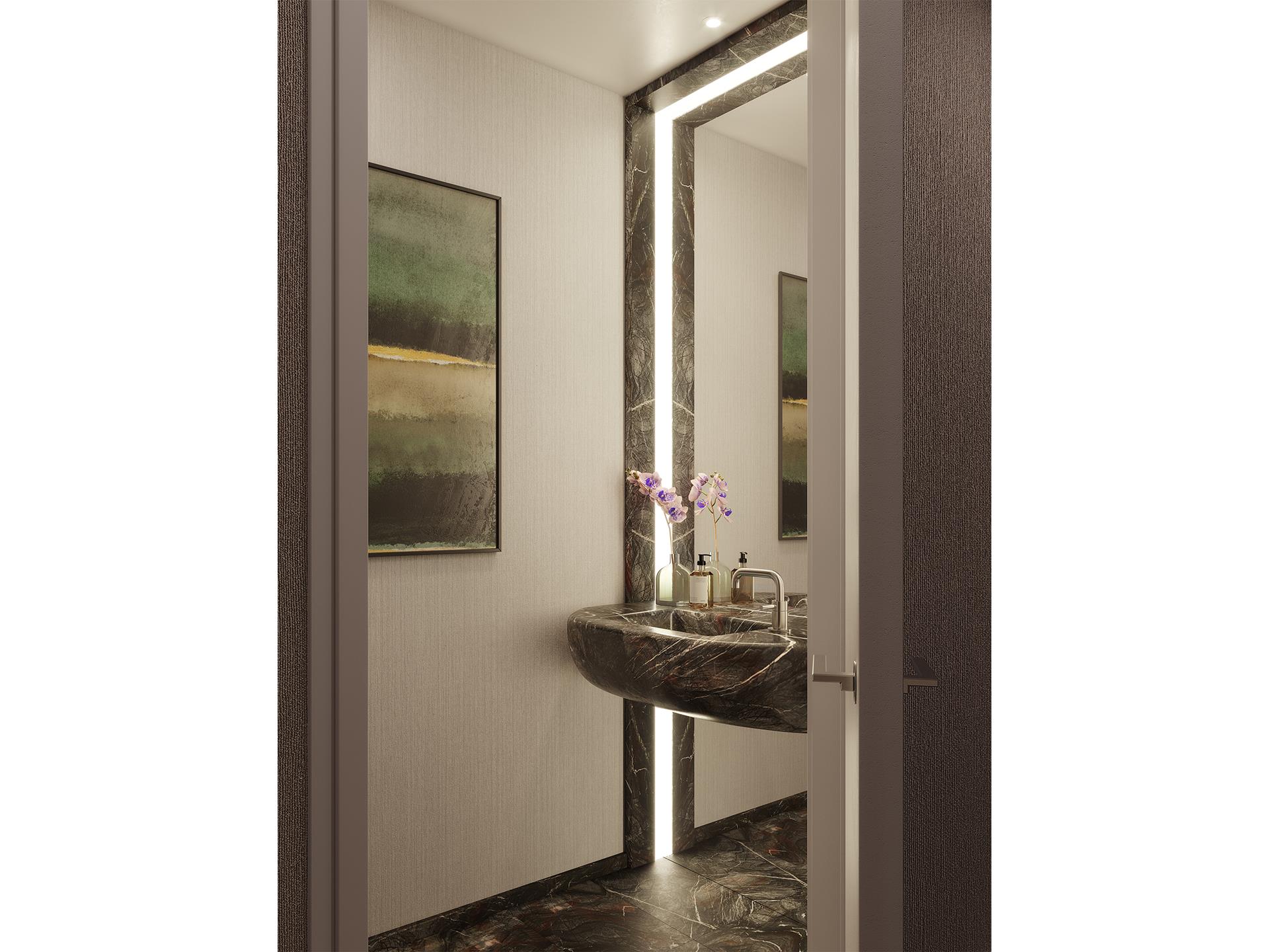 111 West 56th Street, Unit 41K Manhattan, NY 10019 - Photo 3 of 13 a bathroom with a mirror and a sink