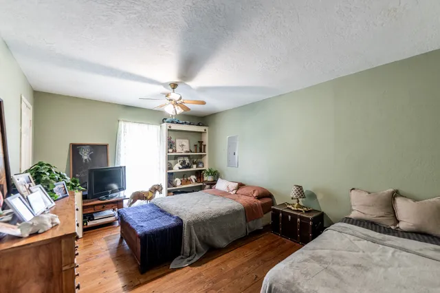 a bedroom with a bed a couch and potted plant on the dresser