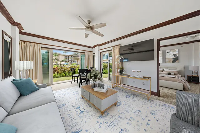 a view of a room with a large window