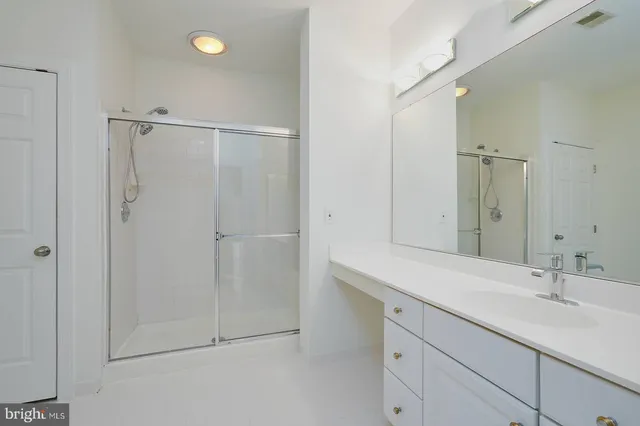 a bathroom with a double vanity sink mirror and shower