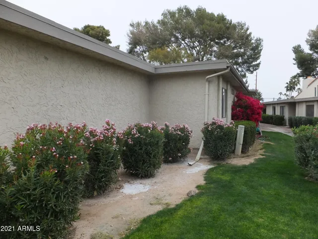 a garden view with a seating space