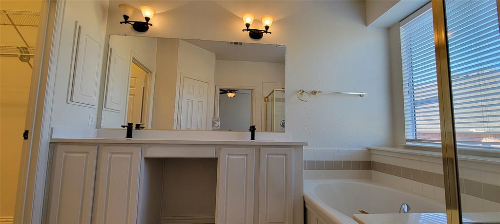 1467 Cattle Baron Court Fairview, TX 75069 - Photo 18 of 32 Full bathroom featuring healthy amount of natural light, a shower stall, a garden tub, and a closet