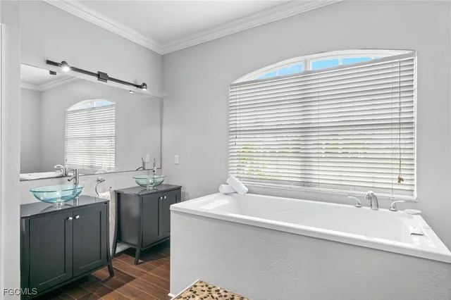 a bathroom with a granite countertop sink and a bathtub