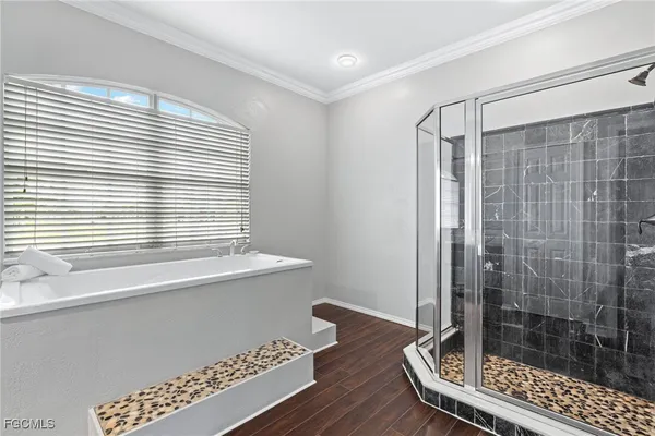 a bathroom with a bathtub and a shower