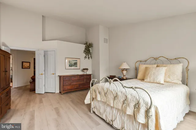 a spacious bedroom with a bed and a view of walk in closet