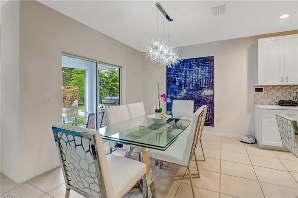 a view of a dining room with furniture window and outside view