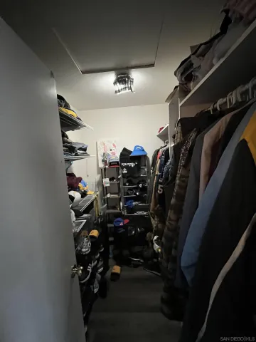 a view of walk in closet with clothes and shoes