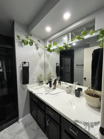 a bathroom with double vanity and a mirror