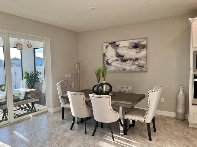 a view of a dining room with furniture window and outside view