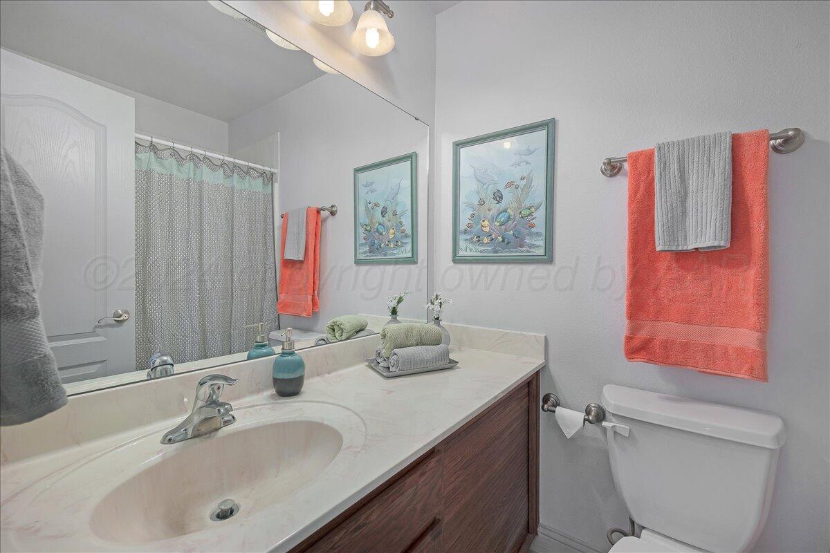 8501 Bryeson Lane Canyon, TX 79015 - Photo 21 of 25 a bathroom with a sink a toilet and a large mirror