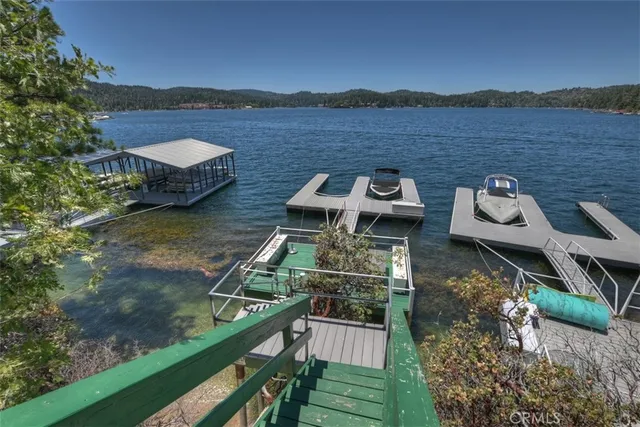 a view of a lake with a mountain in the background