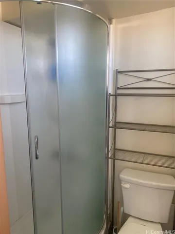 a bathroom with a shower and toilet